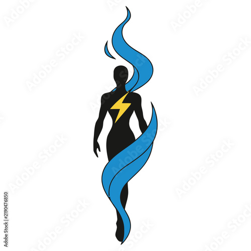 Silhouette of a woman with lightning bolt and blue ribbons