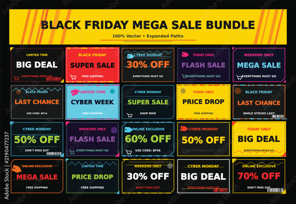 Obraz premium Black friday mega sale bundle with colorful frames for promotional campaigns.