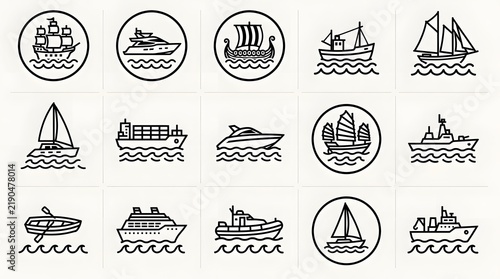 Set of various ship and boat icons, including cruise ship, yacht, sailboat, and cargo vessel, line art style