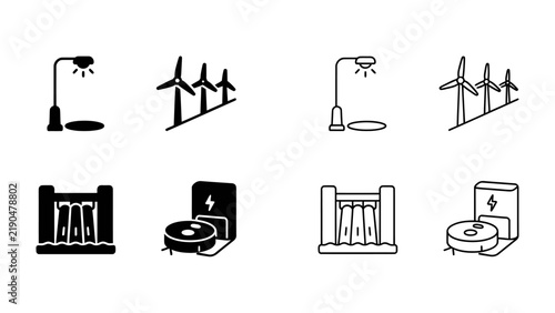 Energy Icons Set: A collection of stylized icons representing various forms of energy generation and consumption, including street lamps, wind turbines, dams, and robotic vacuum cleaners.