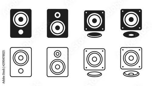 Audio Speaker Icon Set: A collection of graphic icons representing audio speakers, including both filled and outline designs, showcasing different speaker models and configurations.