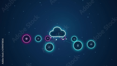 Cloud computing network animation with digital data transfer and global connectivity nodes