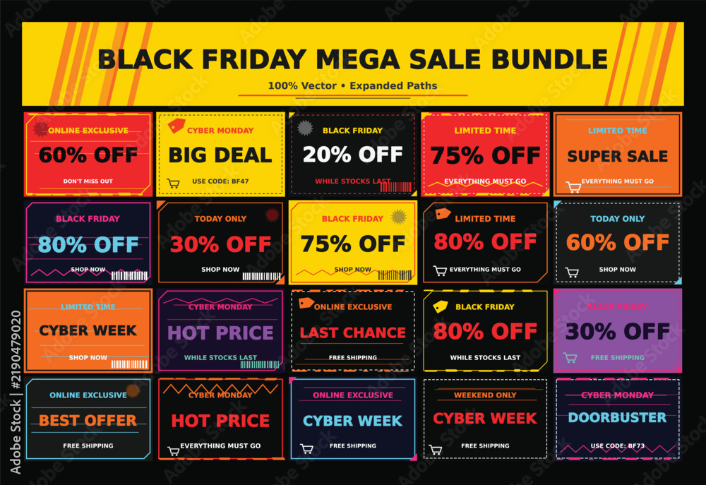 Obraz premium Professional vector black friday mega sale bundle with versatile discount badges.
