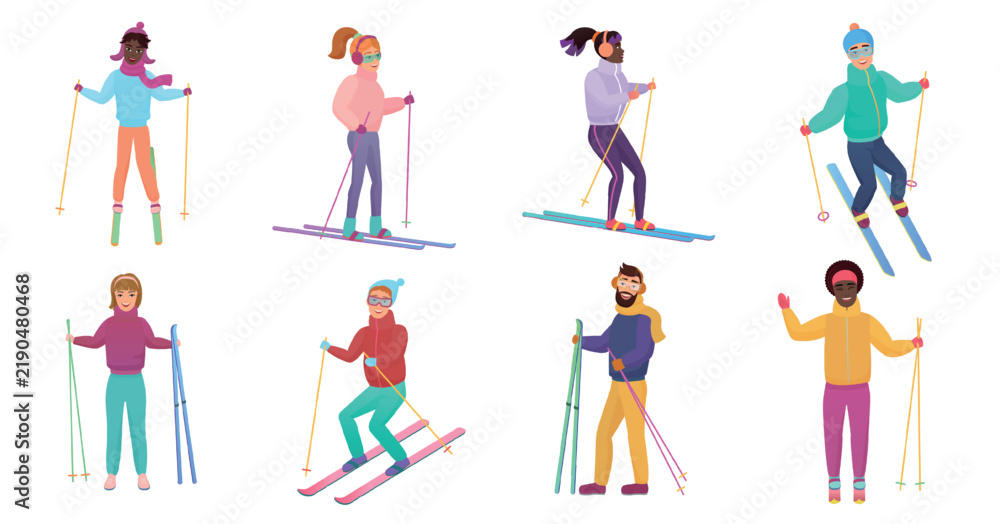 Fototapeta premium Group of diverse men and women skiing in colorful winter outfits, holding ski poles, enjoying outdoor snow activities, active lifestyle, winter sports, vector illustration