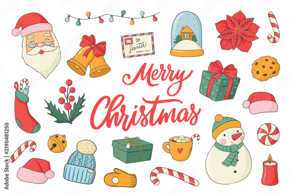 Obraz premium Christmas colorful doodles collection for prints, cards, stickers, holiday decor, etc. Whimsical set of cartoon elements. EPS 10