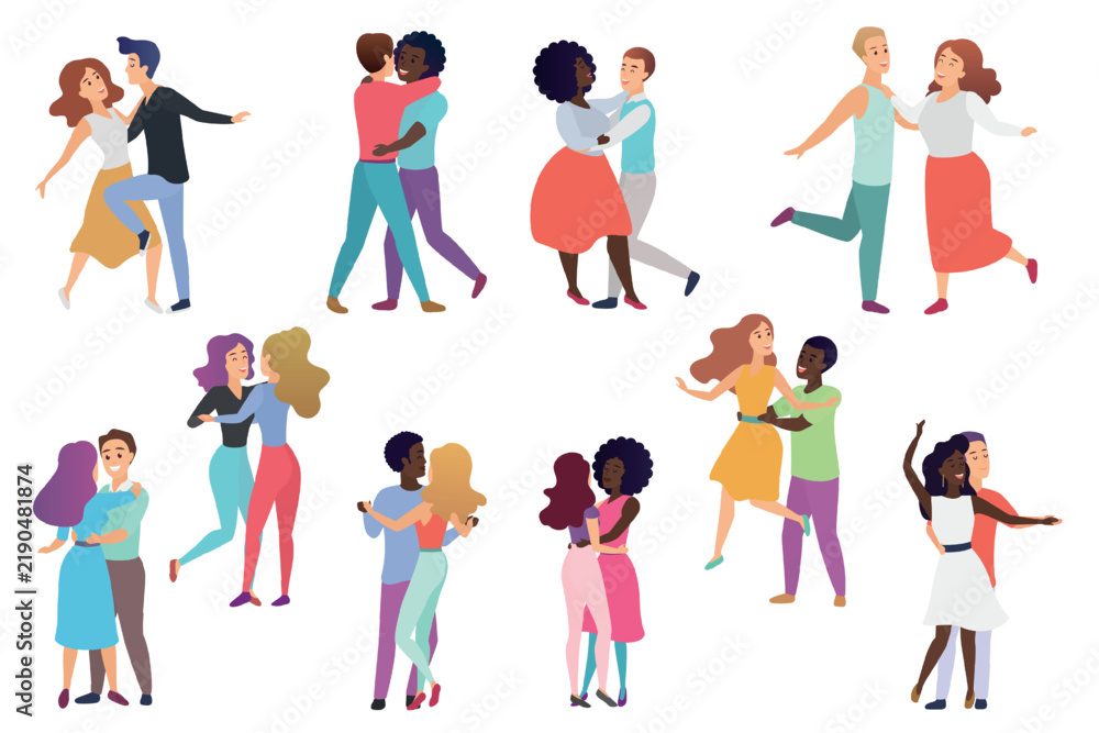 Fototapeta premium Happy diverse couples dancing in various poses, showcasing joyful movement and connection, colorful outfits, modern flat style, isolated on white background vector illustration