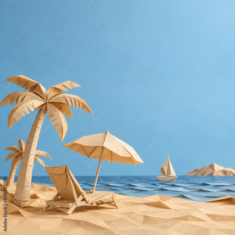 Fototapeta premium Paper beach scene with a folded lounge chair and palm trees, featuring crisp creases and a soft blue background for travel advertising