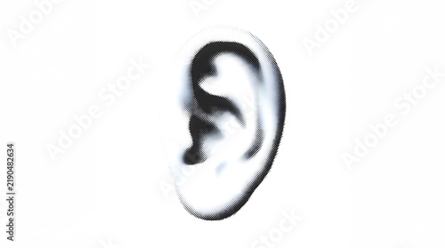 Stylized human ear illustration with halftone dot pattern effect isolated on white background