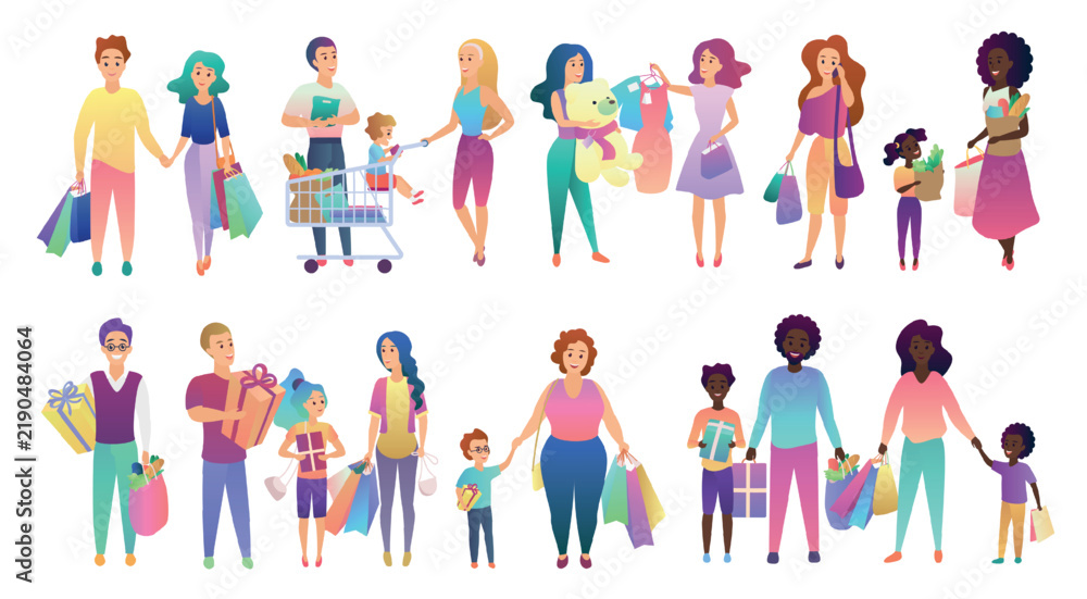Fototapeta premium Group of diverse men, women, and children holding shopping bags, gifts, and groceries, representing family and retail activities, isolated on white background vector illustration