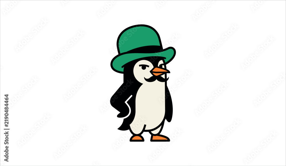 Obraz premium Gentleman penguin character wearing green bowler hat and mustache vector illustration