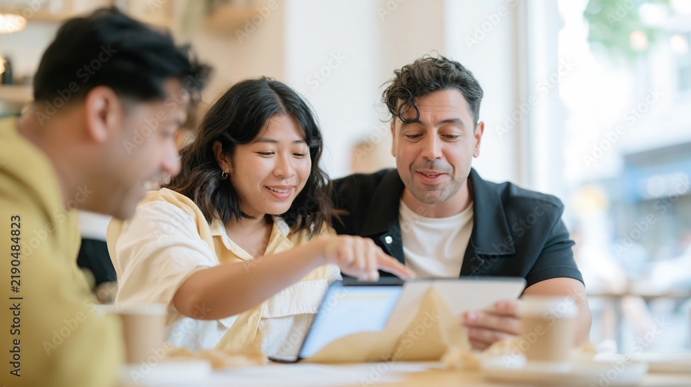 Fototapeta premium Foldable smartphone screen used by two colleagues in a sunlit cafe, featuring a blank mockup for app collaboration and SaaS marketing