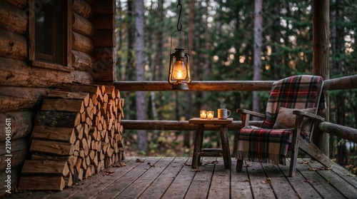 Cozy Cabin Porch Scene with Lantern Chair and Firewood in Autumn Forest vector illustration