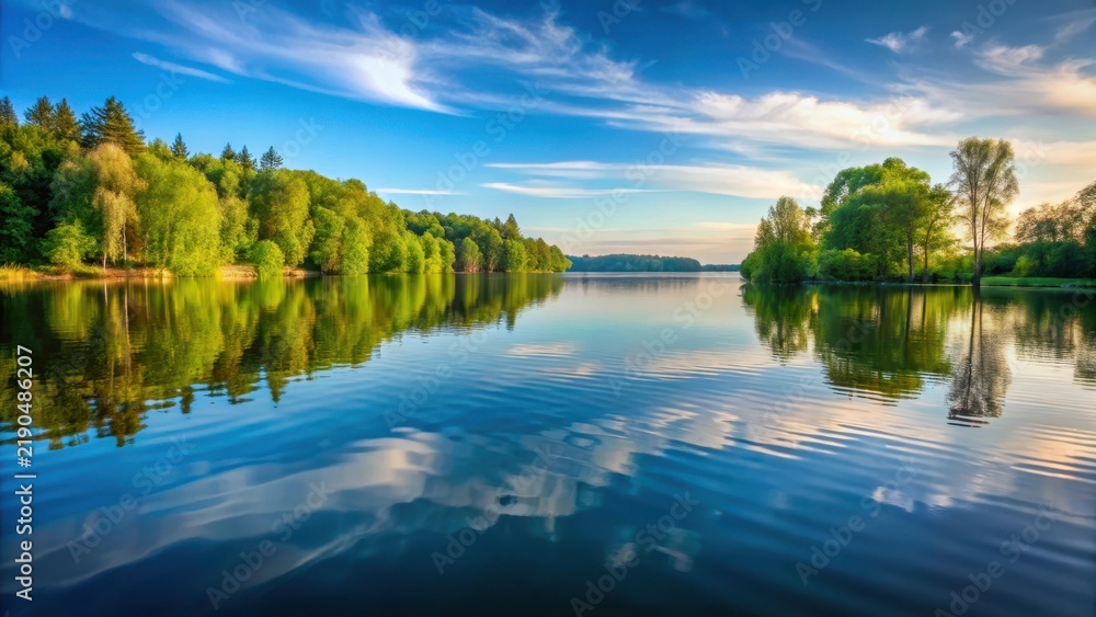 Obraz premium A serene lake with a wave on its surface, reflecting the surrounding trees and sky