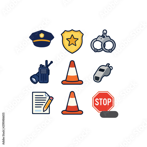 Police Equipment and Traffic Safety Color Vector Icon Set