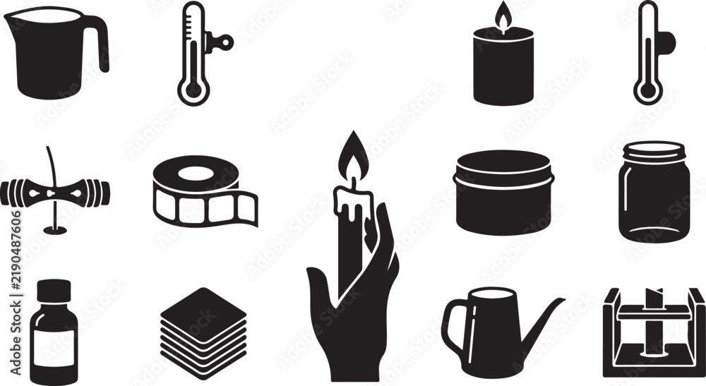Fototapeta premium Set of black silhouette for candle making, featuring a pouring pitcher, thermometer, wick, wax roll, glass jar, essential oil bottle, hand holding a lit candle, and metal mold