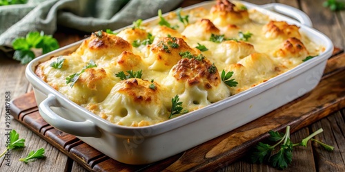 Richly golden bechamel sauce cascading over a creamy cauliflower casserole