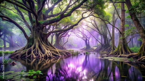 Dense foliage and twisted tree roots entwine a murky