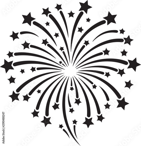 Black and white firework burst with radiating stars and sparkling trails illustration