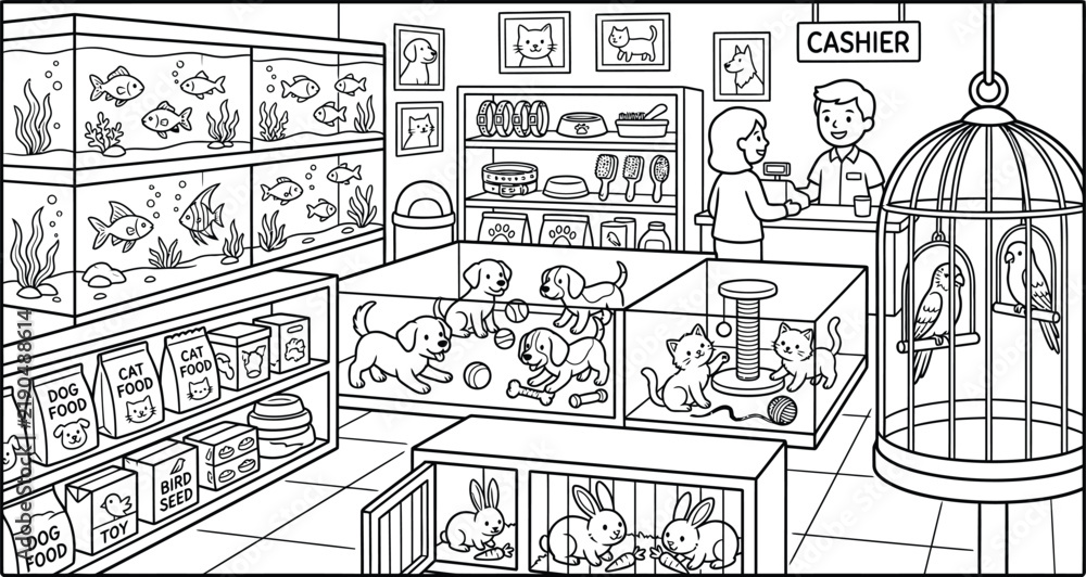 Fototapeta premium A detailed classroom scene coloring page for kids and adults promoting creativity and focus through artistic expression and learning
