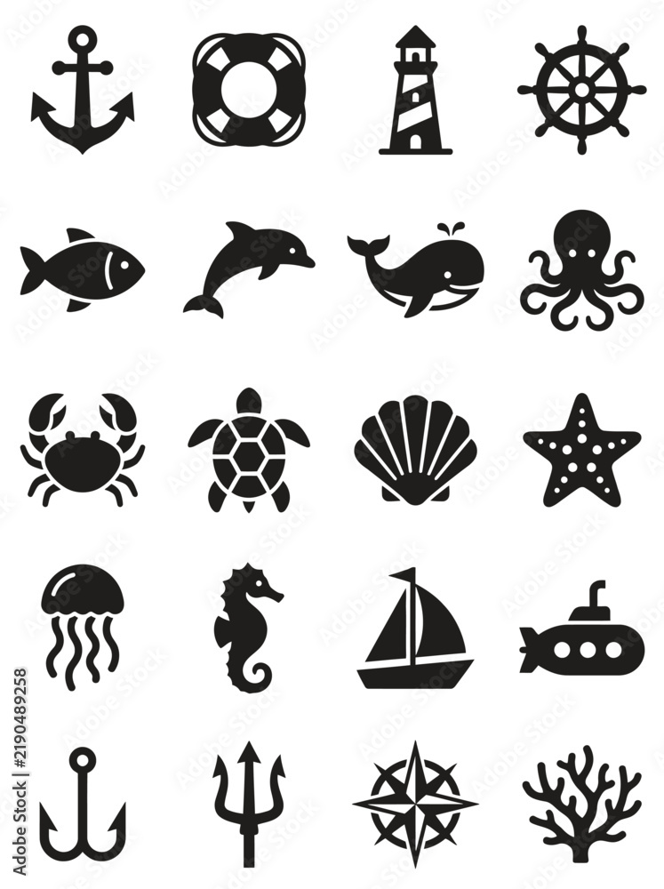 Fototapeta premium Nautical Vector Icon Set Marine Life Sea Animals Anchor Boat Silhouette Symbols