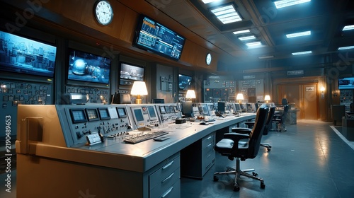 High-Tech Control Room: An advanced technology control room features a long desk laden with monitors, computers, and control panels.