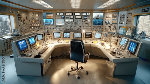 Futuristic Command Center: A high-tech control room filled with numerous monitors, advanced equipment, and a central command chair.