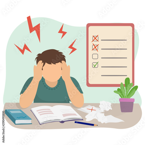 Stressed student sitting at a desk with hands on his head, surrounded by books, papers, checklist, plant, and symbols of pressure.