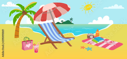 Tropical beach scene with a lounge chair, striped umbrella, picnic mat, beach bag, drinks, books, palm trees, and sunny ocean views.