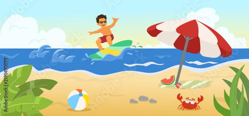Bright summer beach scene with a surfer riding a wave, striped umbrella, beach ball, watermelon, crab, rocks, and tropical plants.