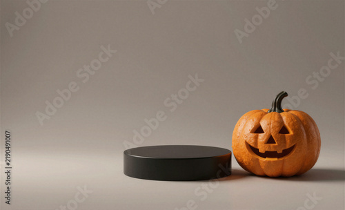 Halloween pumpkin beside black product display podium with large copy space