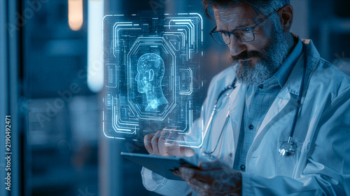 doctor reviewing electronic medical records protected by AI biometric authentication, floating generic security interface, modern smart hospital