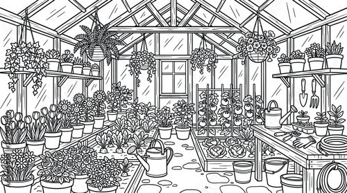 A detailed greenhouse scene coloring page explore the beauty of plants and structures for relaxation and artistic expression