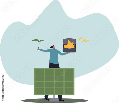 Green sprouts on a solar panel and bright sun in a briefcase as a source of electricity.life and employment of people.flat design.