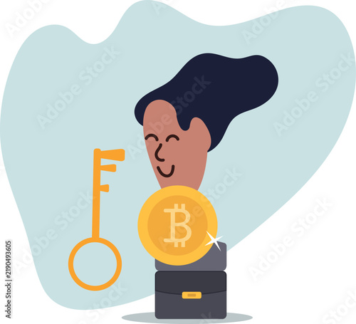 The key to the crypto wallet, the owner of the bitcoin next to the briefcase.life and employment of people.flat design.