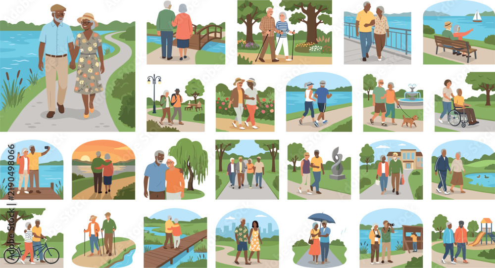 Fototapeta premium Flat vector illustration set of active senior couples walking outdoors hiking jogging cycling and enjoying retirement life in nature