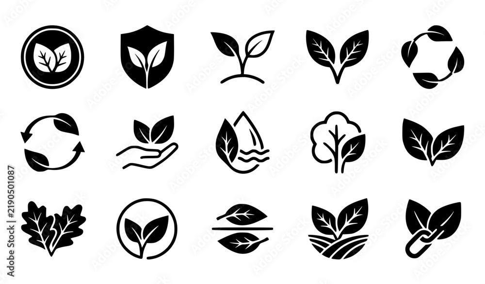 Obraz premium Two leaves eco friendly hand drawn icon collection for organic and vegan branding