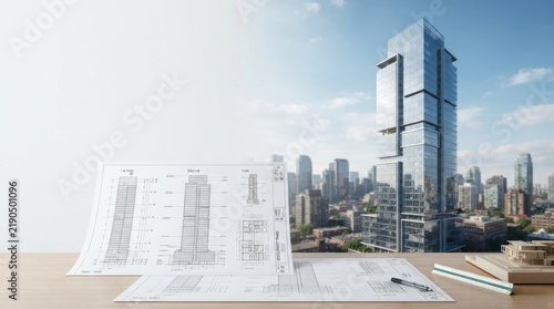 A person is studying architectural blueprints on a wooden table. A skyscraper dominates the background, showcasing a modern cityscape.