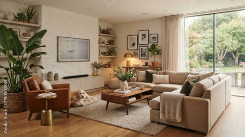 A stylish living room features a large sectional sofa, a wooden coffee table, and a plush area rug. A golden side table sits next to an armchair, and a dog rests on the rug.