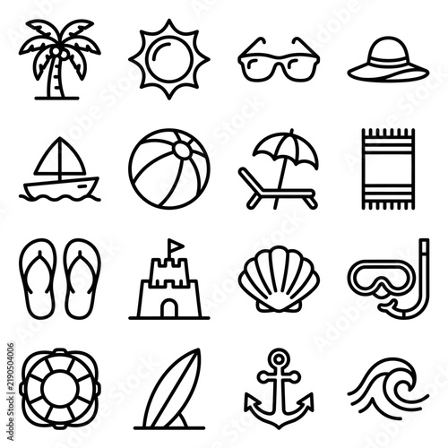 Simple Line Art Beach and Summer Vacation Icons Collection.