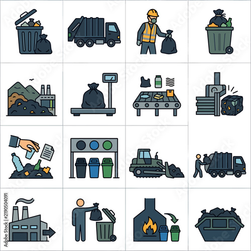 Waste Management and Recycling Processes with Trash Collection Vehicles and Sorting Stations.