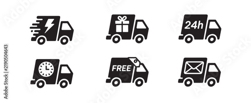 Shipping and delivery truck vector icons with dark silhouettes for freight forwarding and express courier services.