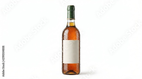 A bottle of wine with a blank label stands alone on a white background