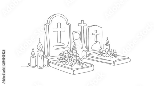 Continuous Line Drawing of Grave Stones with Memorial Candles