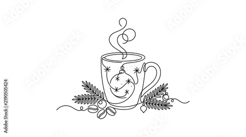 Continuous Line Drawing of Christmas Coffee Cup with Decorations
