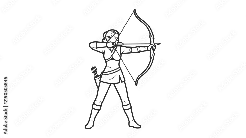 Obraz premium Archer Line Art: A focused female archer, depicted in simple line art, draws her bow and aims with precision, embodying skill and determination.