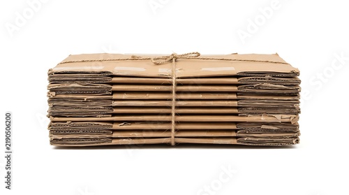 A stack of old cardboard boxes tied with twine on a white background