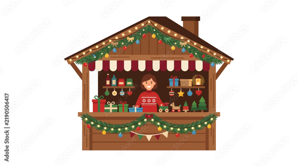 Obraz premium Festive Christmas Market Stall Featuring A Happy Vendor Selling Holiday Gifts