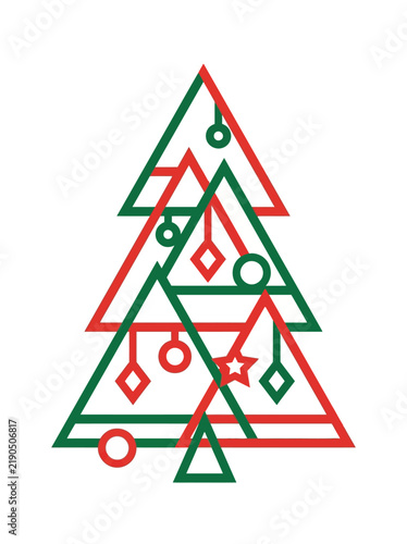 Minimalist Geometric Christmas Tree Line Art Design in Festive Red and Green Colors