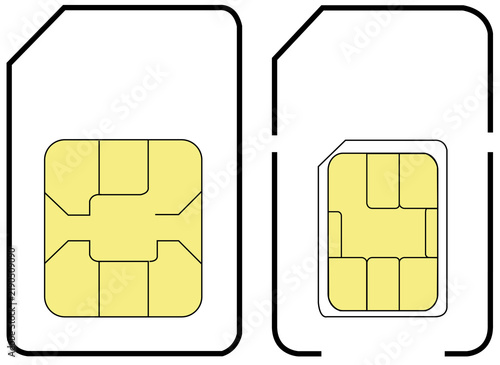 SIM Card Icon Front and Back with Microchip Design Isolated on White Background. Mobile phone SIM card and smart chip outline icon illustration