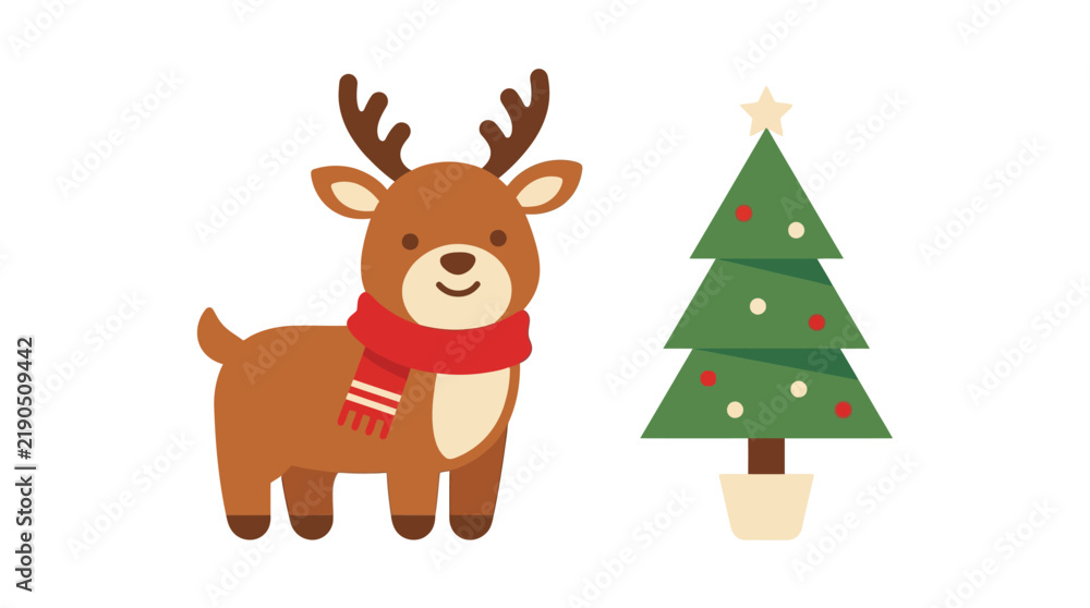 Fototapeta premium Cute Reindeer with Red Scarf and Decorative Christmas Tree Flat Vector Illustration